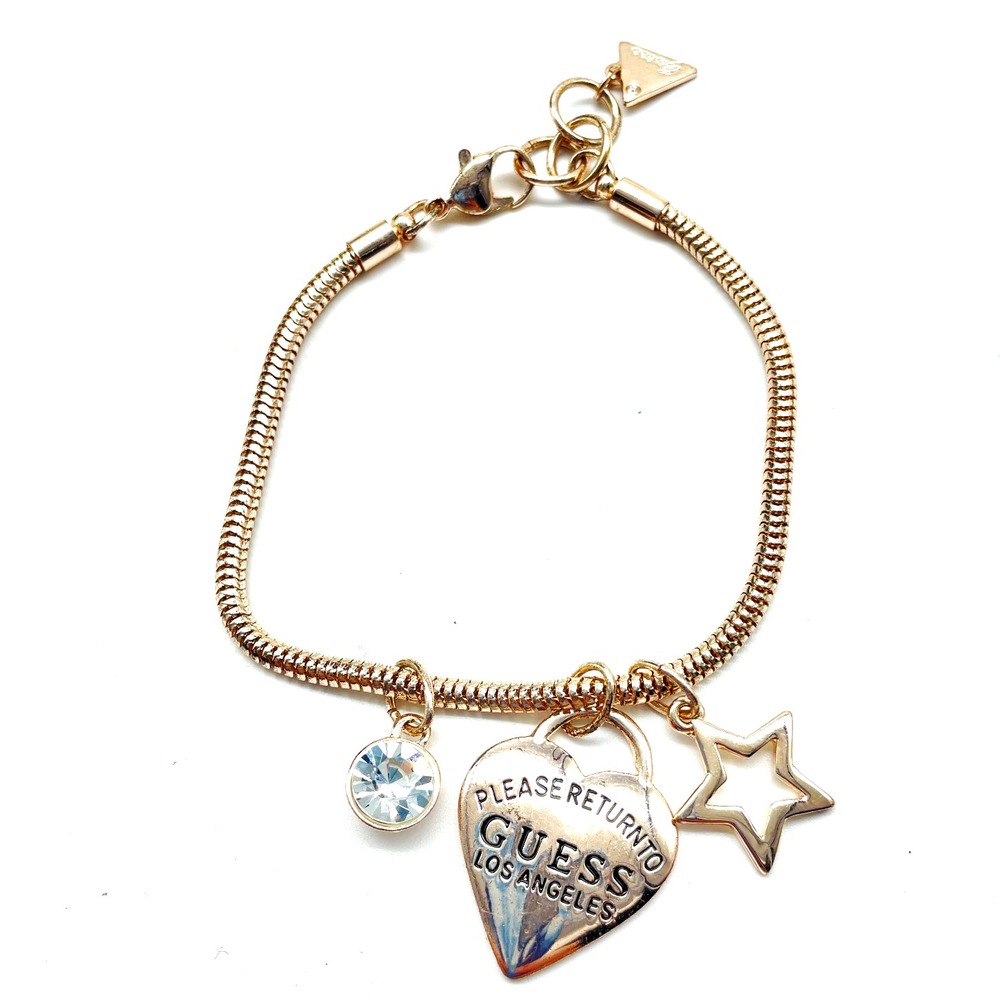 Signed Guess Charm Bracelet Gold Tone Heart Star Rhinestone Logo Dangle VTG